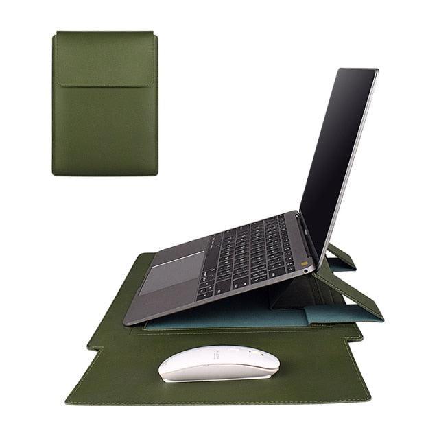 PU Leather Laptop Sleeve with Stand & Bag-olive