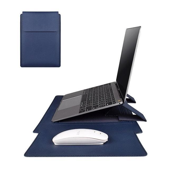 PU Leather Laptop Sleeve with Stand & Bag-navy