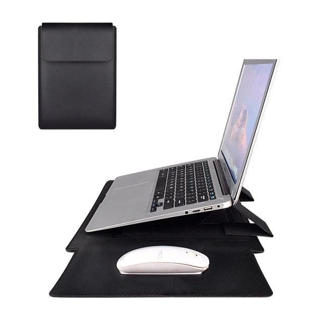 PU Leather Laptop Sleeve with Stand & Bag-black